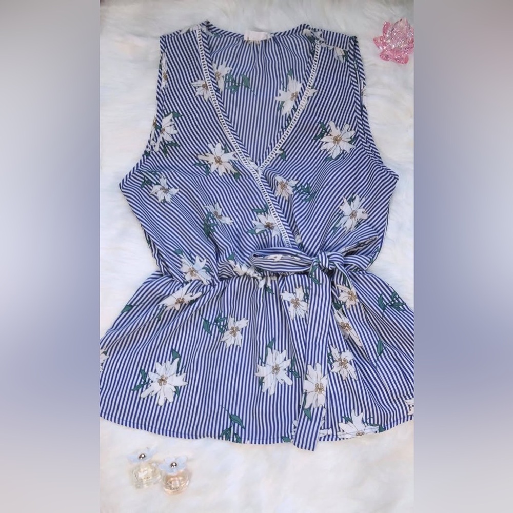 Striped Sleeveless Floral Wrap Top